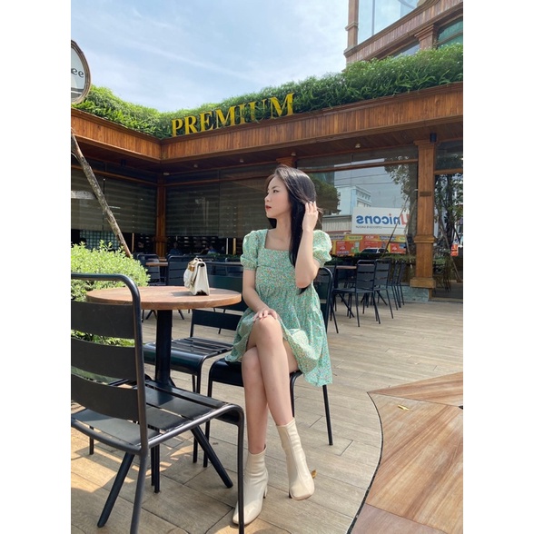 Đầm váy hoa nhí xanh thô dây nơ lưng style Ulzzang
