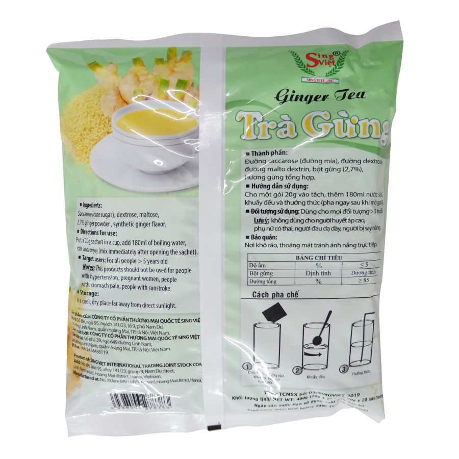 Trà gừng dạng cốm Sing Việt 400g (20 gói x 20g) dùng cho gia đình, quán cà phê, kinh doanh đồ uống