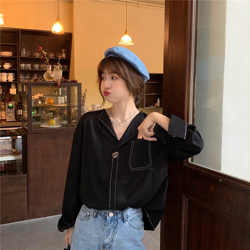 Áo sơ mi tay dài dáng rộng cổ chữ V thời trang phong cách Hàn Quốc cho nữ