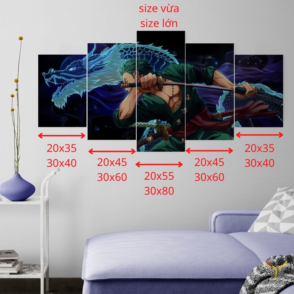 Bộ 5 tranh dán tường anime ghép chủ đề Naruto, One Piece, chất liệu Decal, decor gaming, decor quán, trang trí phòng