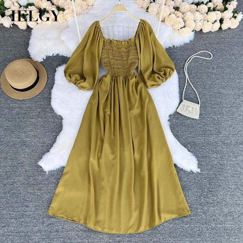Đầm lửng IELGY cổ vuông phong cách Pháp kiểu khí chất cổ tích đơn giản