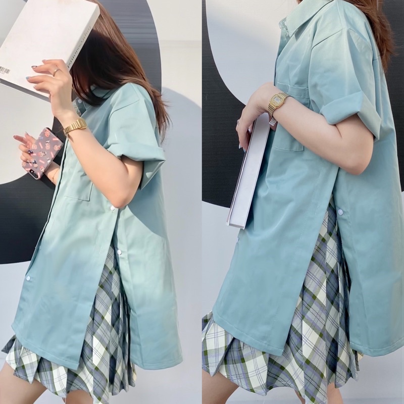 (Có sẵn) Áo Sơmi Nữ Tay Ngắn Hàn Quốc Xẻ Tà 2 Bên Đi Học BackToSchool Minipie