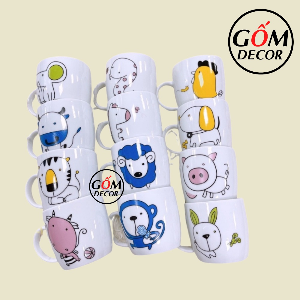 Cốc uống nước cute 12 con giáp may mắn, có quai phong thủy hộ mệnh dung tích 300ml
