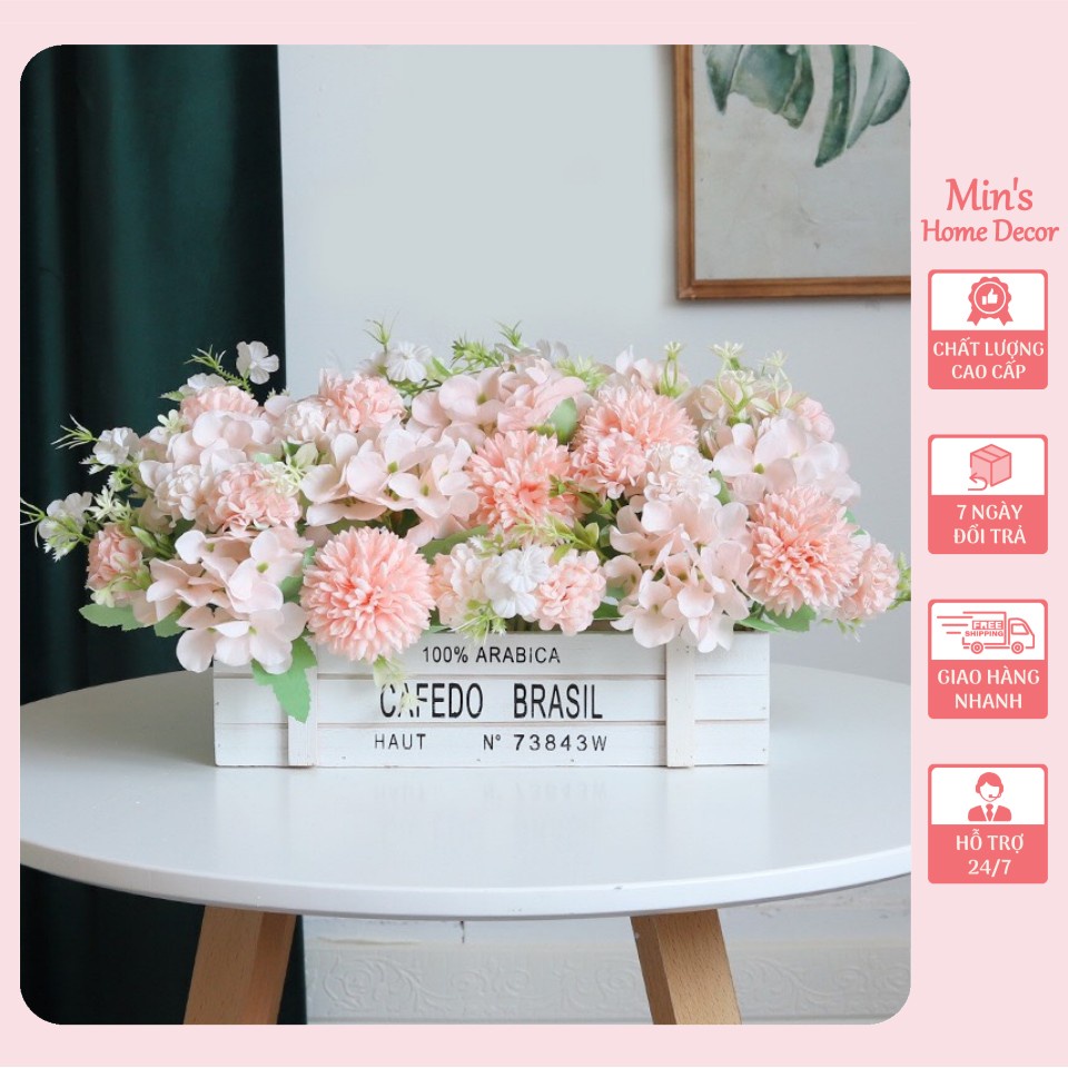 Giỏ Hoa Lụa Chậu Gỗ Để Bàn Phòng Khách, Trang Trí Nhà Cửa, Văn Phòng, Showroom, Chậu Hoa Giả Cắm sẵn