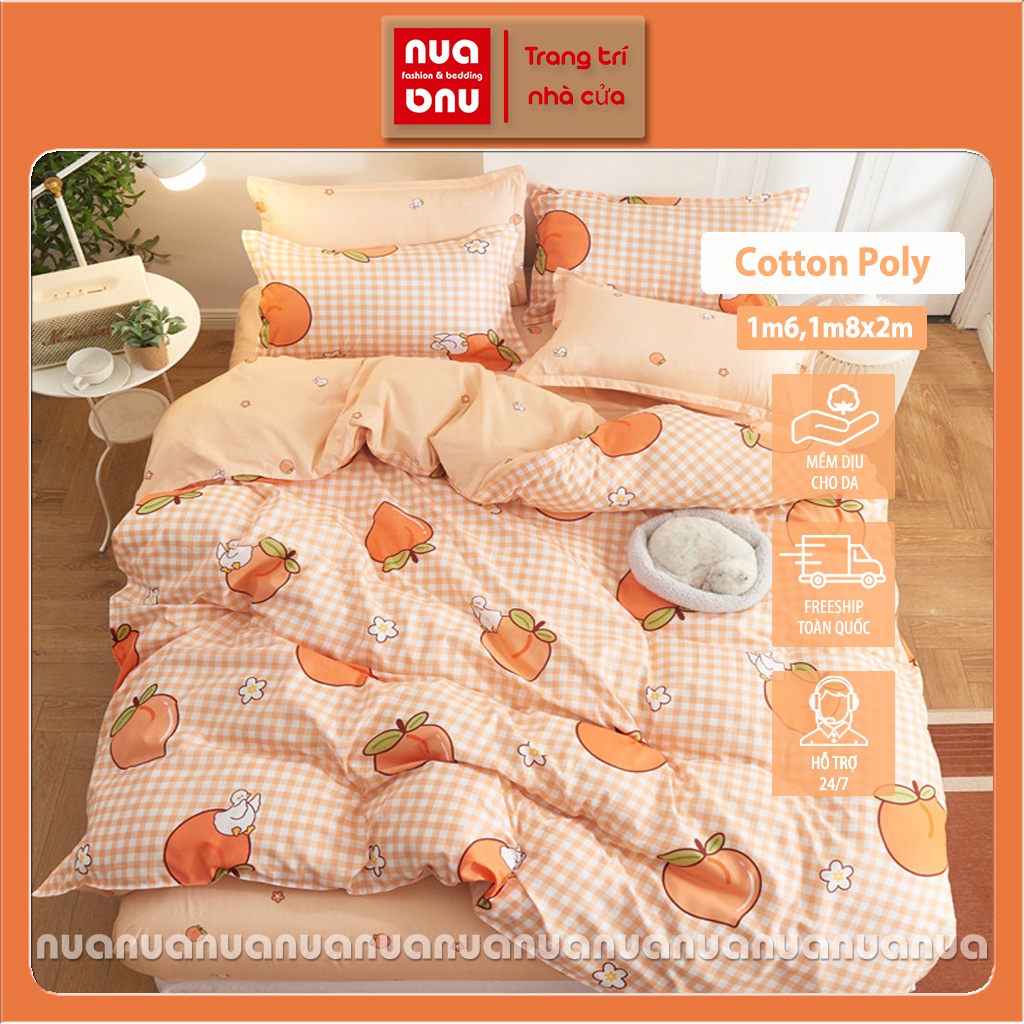 Bộ vỏ chăn ga gối cotton ga giường caro cute hoa lá chất poly mịn mát bọc đệm nệm lồng ruột chăn trang trí giường ngủ