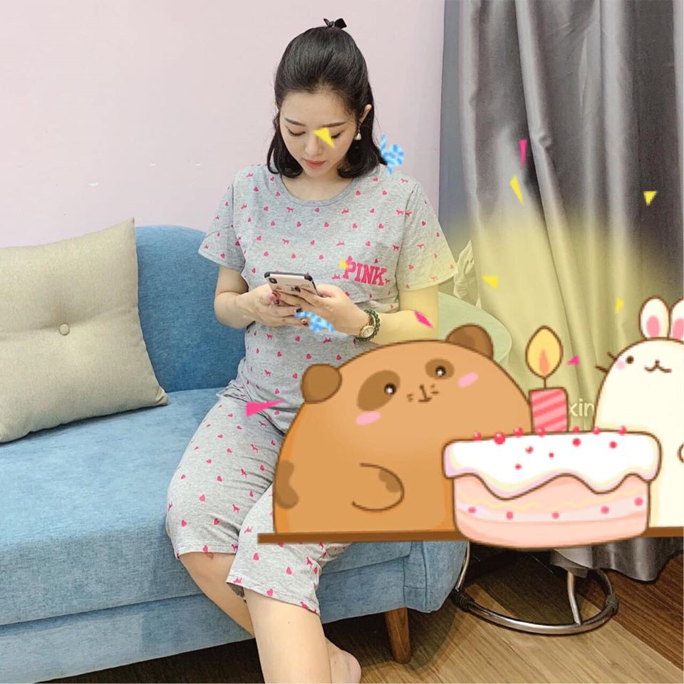 Bộ bầu và sau sinh cộc tay Pink có lật ngực cho bé ti, quần áo bầu mặc nhà lửng cotton A009