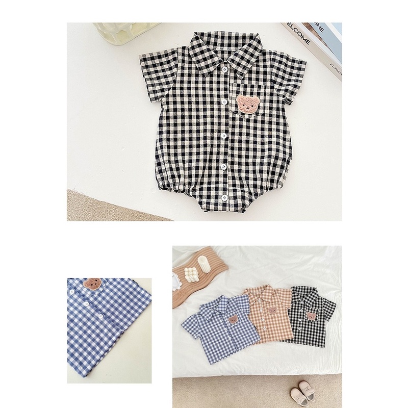 Bộ Áo Liền Quần Tay Ngắn Chất Liệu Cotton In Họa Tiết Kẻ Ô Gấu Thời Trang Mùa Hè Cho Bé Trai