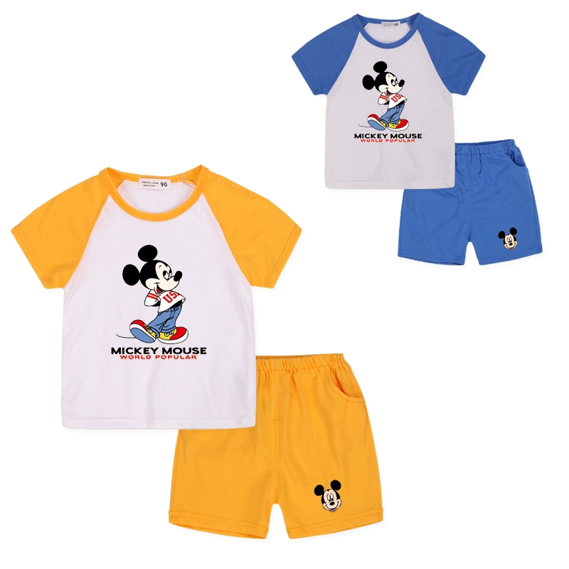 Set Áo Thun Tay Ngắn 100% Cotton 6 Màu In Hình Chuột Mickey &amp; Quần Dài Cho Bé