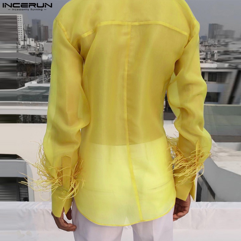 Áo sơ mi INCERUN tay dài xuyên thấu cổ tay phối lông vũ thời trang cho nam