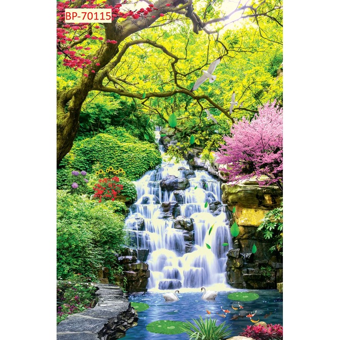 Tranh dán tường 3d thác nước rừng cây thiên nhiên giá rẻ