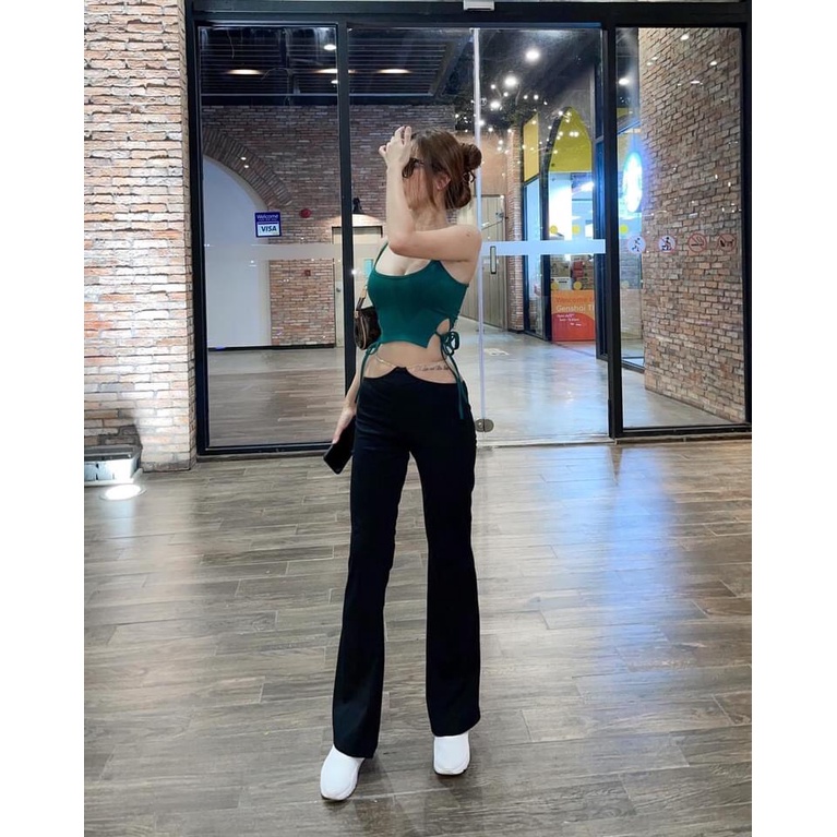 Áo yếm croptop JUCO thắt eo, croptop hai dây hở lưng ôm body, áo hai dây sexy