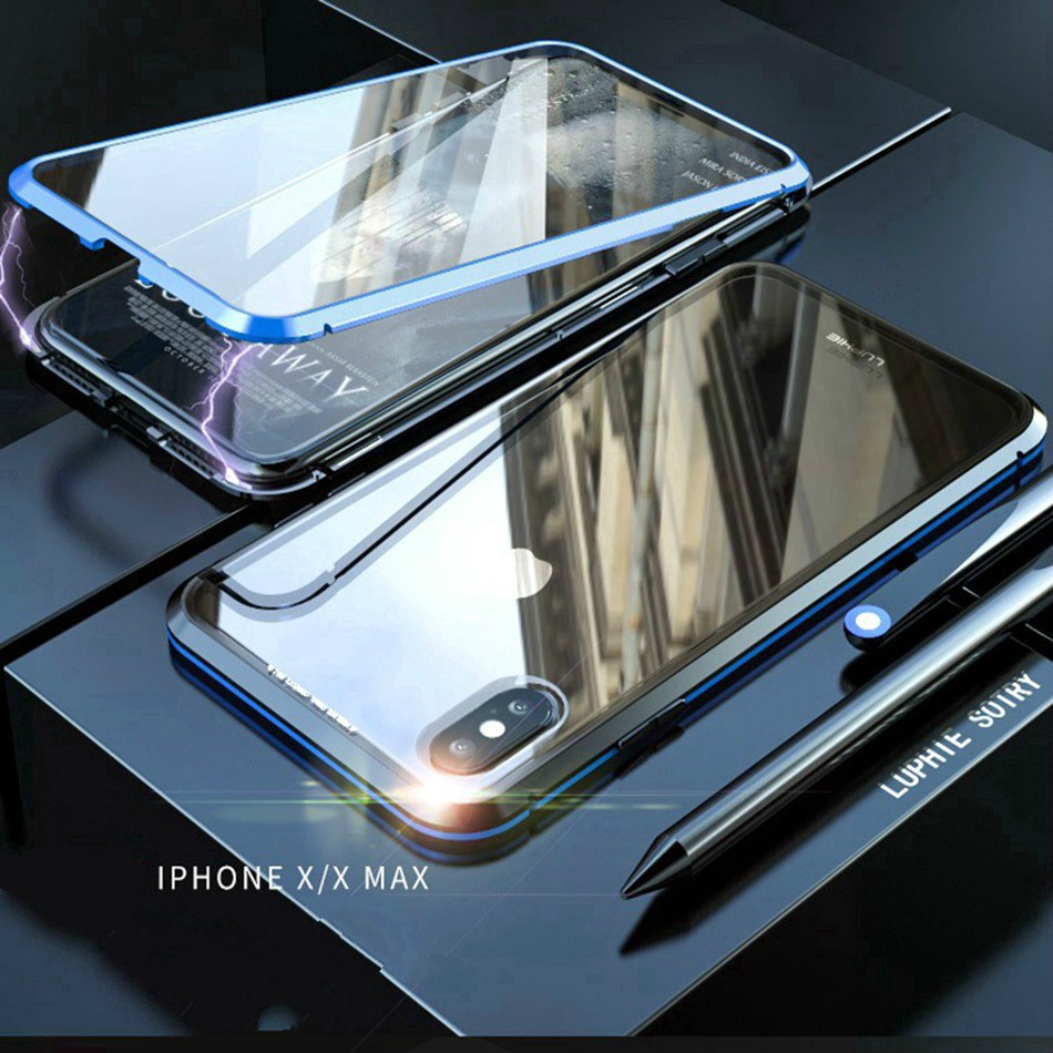Ốp lưng dạng kính cường lực 2 mặt viền kim loại nam châm cho iPhone XS Max Iphone XR 6 6S 7 8 Plus iPhone 12 Pro Max