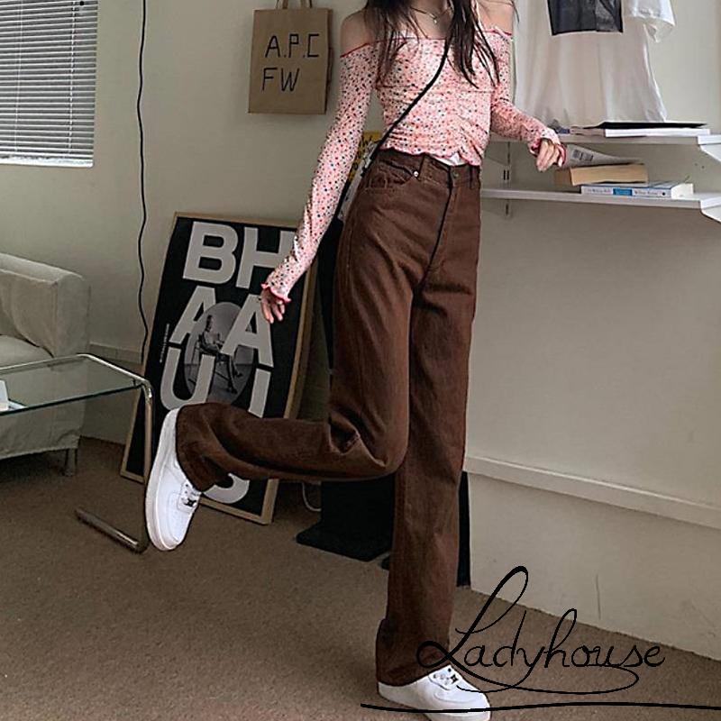 Quần dài nữ ống rộng lưng cao màu sắc vintage thời trang