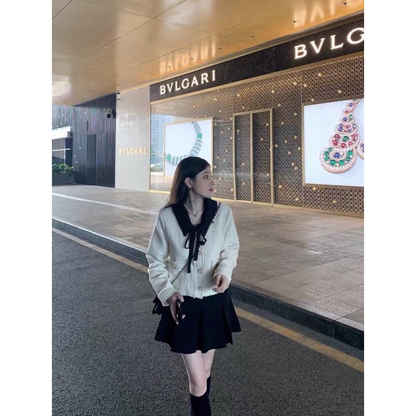 Set Áo Dạ Tweed Trắng Mix Chân Váy Dạ Xếp Li (Hàng QC Loại 1) Set Dạ Quảng Châu Đẹp