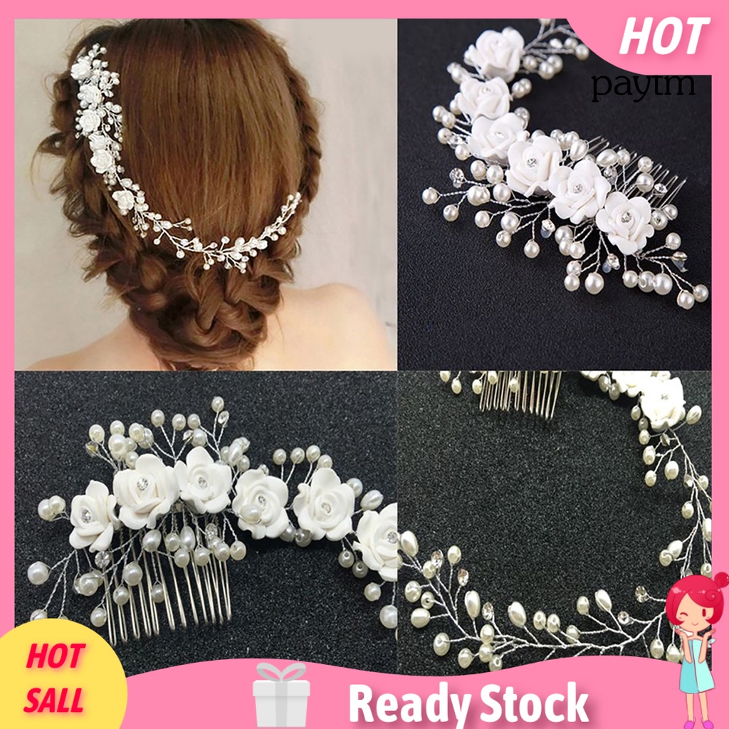 [PMM]❀Kẹp Tóc Hoa Đính Đá Và Ngọc Trai Giả Bằng Hợp Kim Trang Trí Tóc Cô Dâu