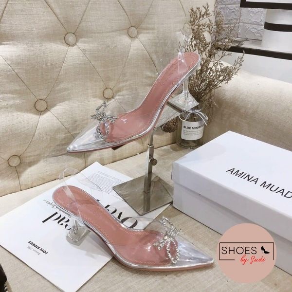Guốc cao 9p gót nhọn bít mũi trong suốt có đính đá hình nơ sang chảnh tiểu thư SUDI A12-BBF