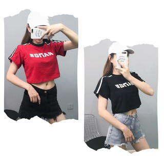 Áo croptop range tay lỡ kẻ sọc trắng 3 màu đen đỏ trắng