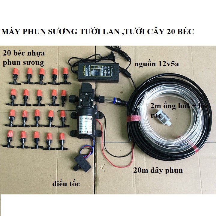 bộ máy phun sương tưới lan,làm mát 20 béc phun sương kèm đổi nguồn