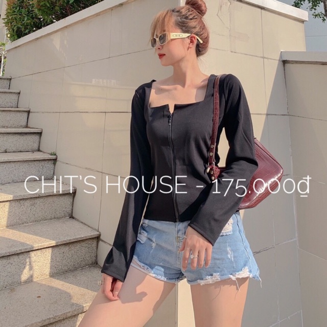🎉Áo Crop-Top Tay Dài Dây Kéo Sexy