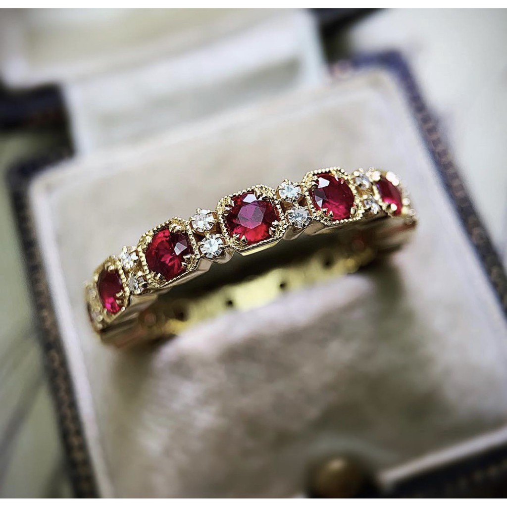 Nhẫn cưới mạ vàng đính đá ruby phong cách Âu Mỹ cổ điển