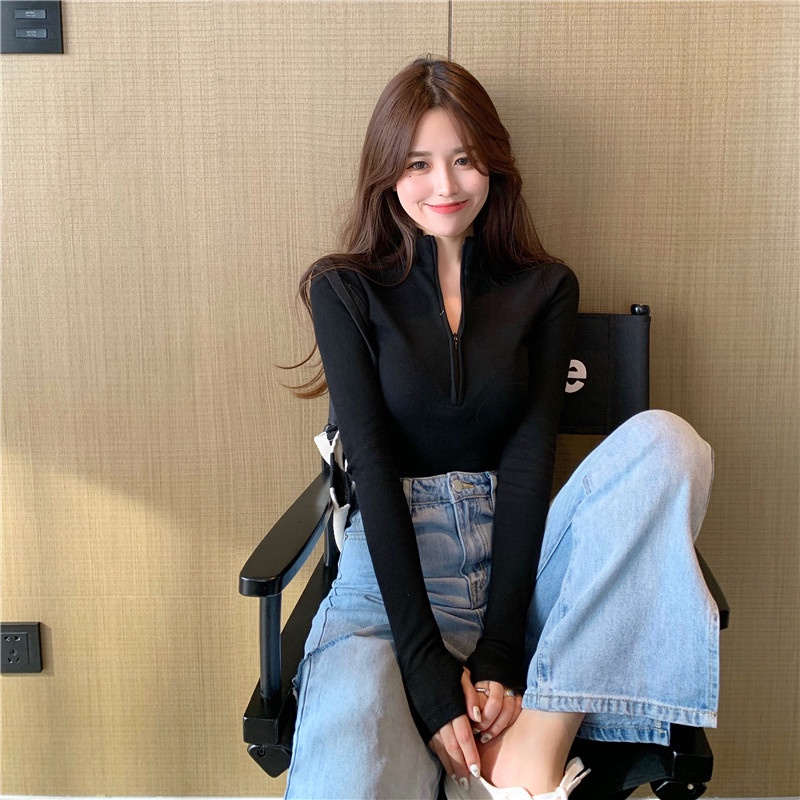QKOOLE  Áo thun tay dài cổ cao có khóa kéo thời trang Hàn Quốc trẻ trung dành cho nữ