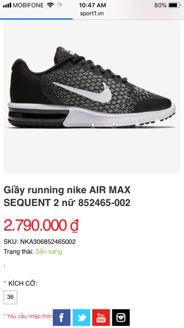 Giầy running nike AIR MAX SEQUENT 2 nữ 852465-002 size 37,5