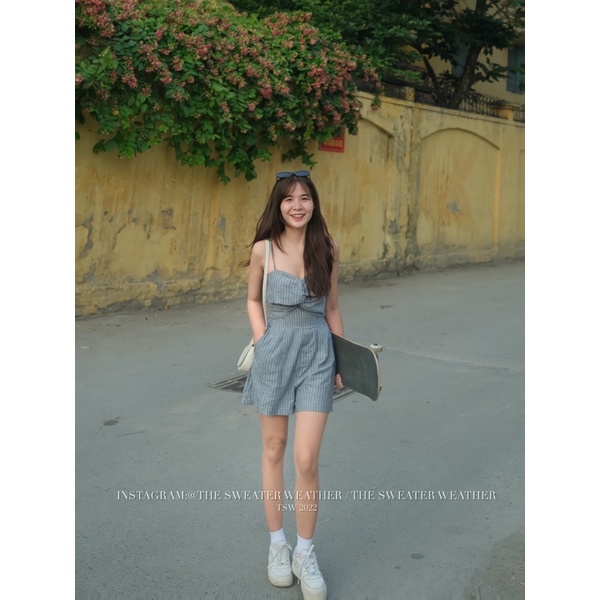 Jumpsuit thô kẻ xoắn trước lưng chun the.sweaterweather TSW (ảnh thật)