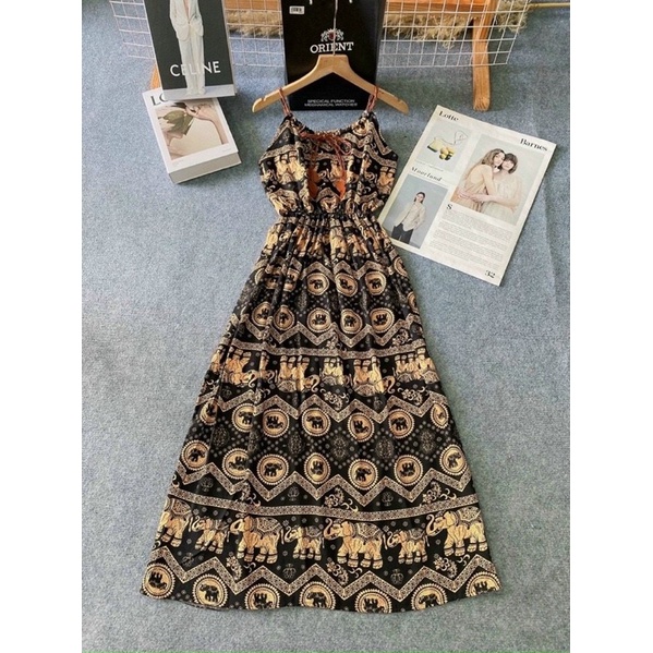 Váy Đi Biển Maxi Dài Hoạ Tiết Thổ Cẩm Siêu Sang