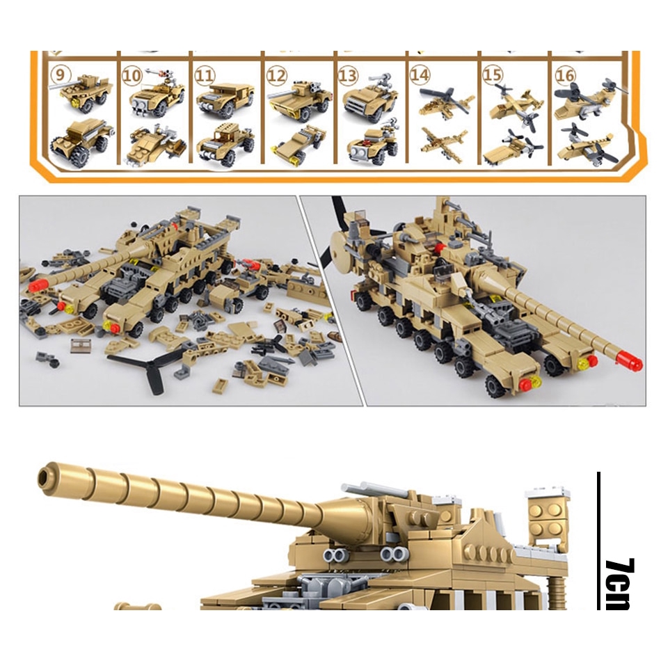 Bộ đồ chơi lắp ráp tương thích với Lego 544 miếng 16 trong 1 mô phỏng xe tăng/máy bay quân sự