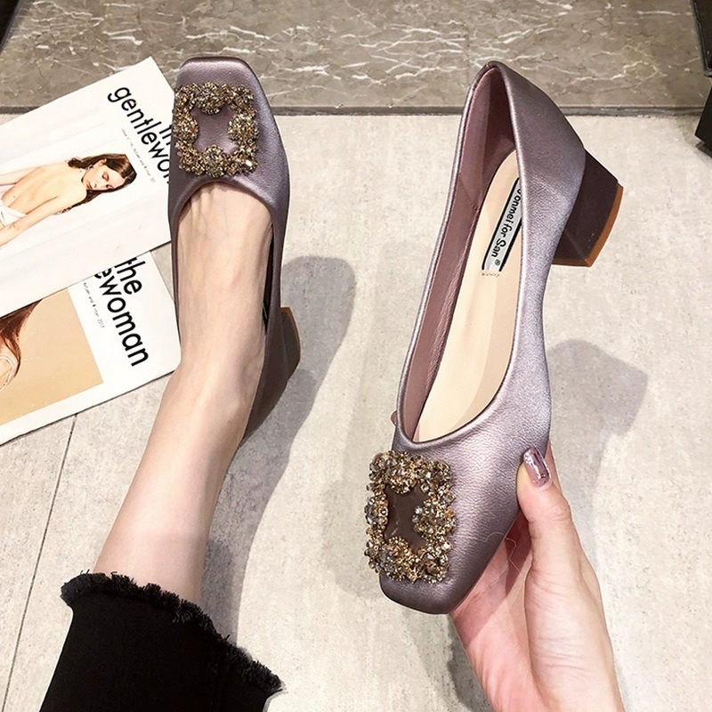 Giày Cao Gót 3Cm Mũi Vuông Đính Nơ Đính Đá Dành Cho Phù Dâu