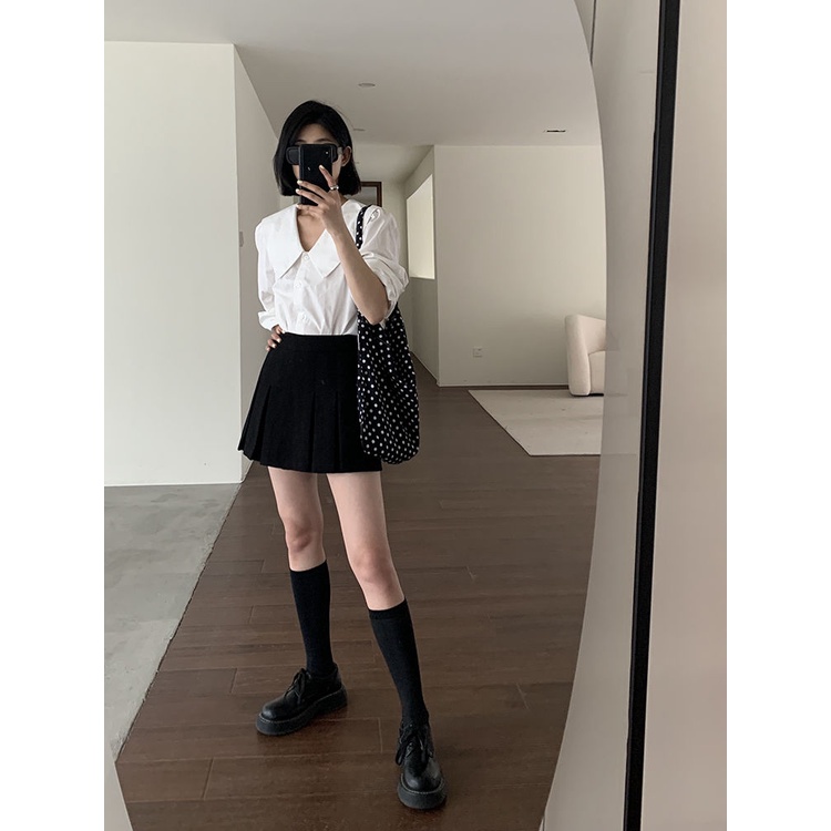 Quần Short Giả Váy Chữ A Lưng Cao Màu Đen Phong Cách Phương Tây Thời Trang Cho Nữ