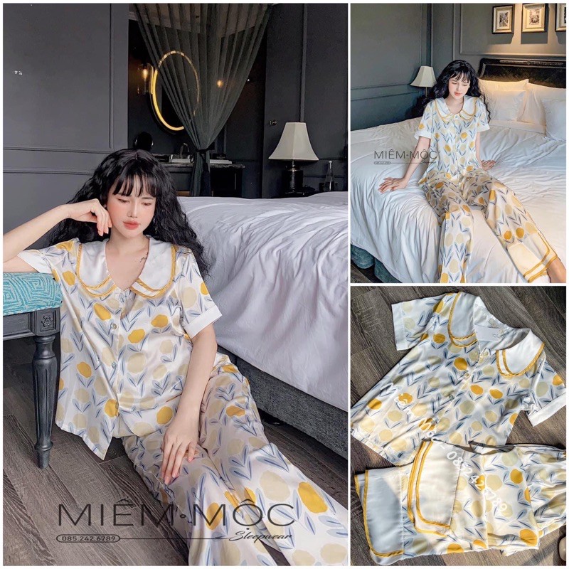 [Mã SKAMA06 giảm 8% tối đa 50K đơn 250K] Pijama cộc dài cành vàng lụa satin cao cấp quảng châu 2