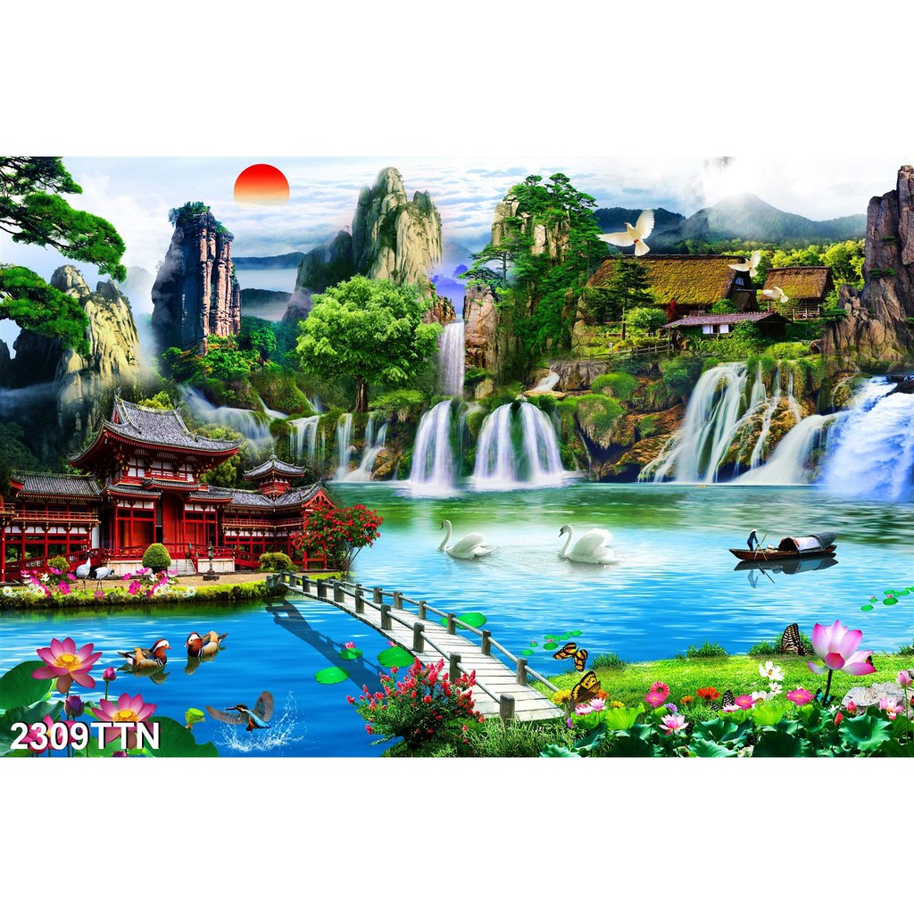 TRANH DÁN TƯỜNG 3D SƠN THUỶ HỮU TÌNH THÁC NƯỚC ĐẸP NHIỀU MẪU - TRANH NON NƯỚC HỮU TÌNH
