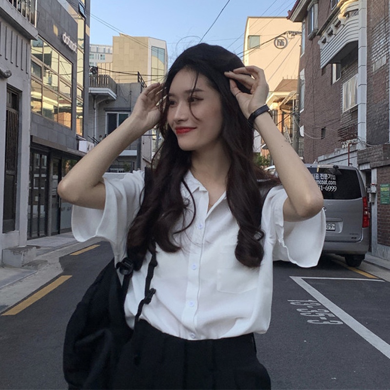 Áo Sơ Mi Tay Ngắn Dáng Rộng Màu Trơn Thiết Kế Mới Thời Trang Dành Cho Nữ