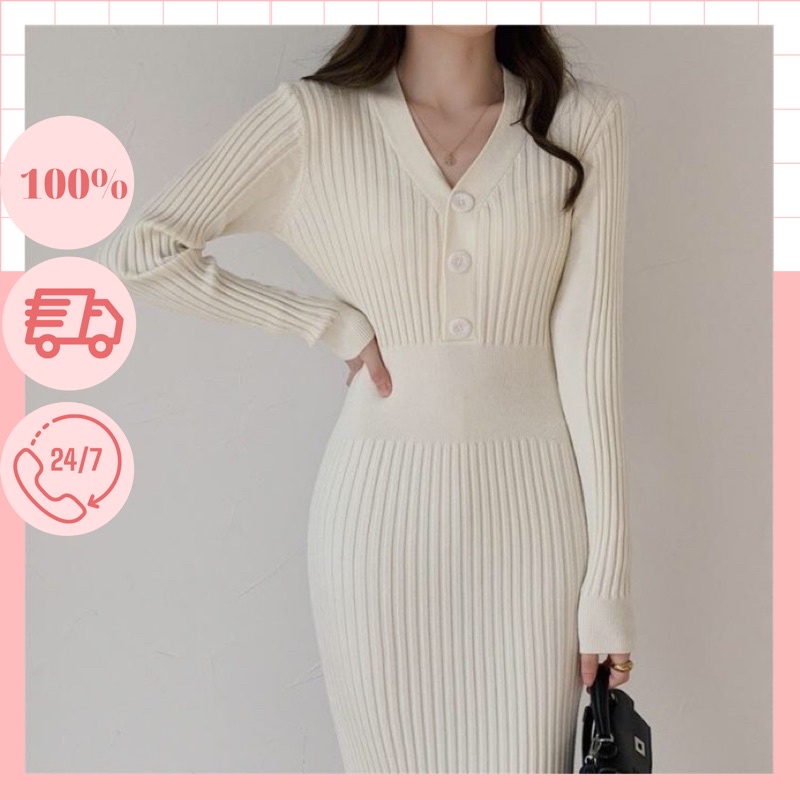 Đầm Váy Len Nữ Váy Body Dáng Dài Cổ Chữ V Phối Cúc Loại Đẹp