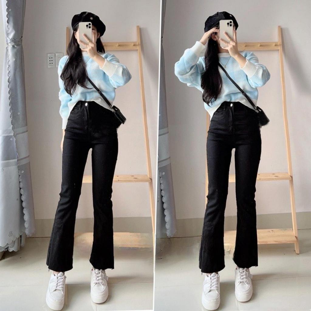 Quần Jean ống Loe CHẤT BÒ GIẤY , Co Giãn 4 chiều  MÀU ĐEN TRẮNG