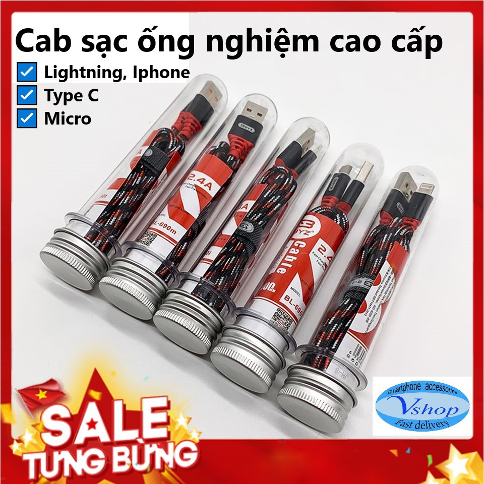 Cab sạc ống nghiệm cao cấp BYZ Iphone, Lightning, Type C, Micro, bảo hành 1 năm siêu bền, chống đứt, chống rối