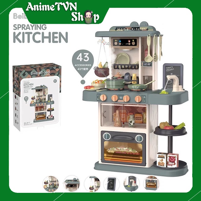 Bộ Đồ chơi nhà bếp cỡ lớn dành cho trẻ em có hiệu ứng khói lửa, nhạc, và xả nước mô phỏng đồ dùng nhà bếp như thật