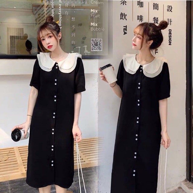 {Sẵn đen, sz 4Xl}Váy cổ sen 2 lớp đính khuy đôi