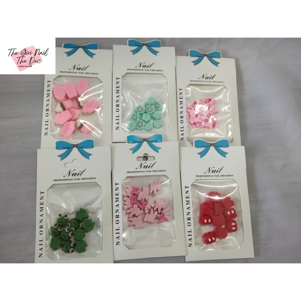 Charm, icon, nơ đính móng tay, móng chân, hình 4D, hoa văn nổi xinh sễu