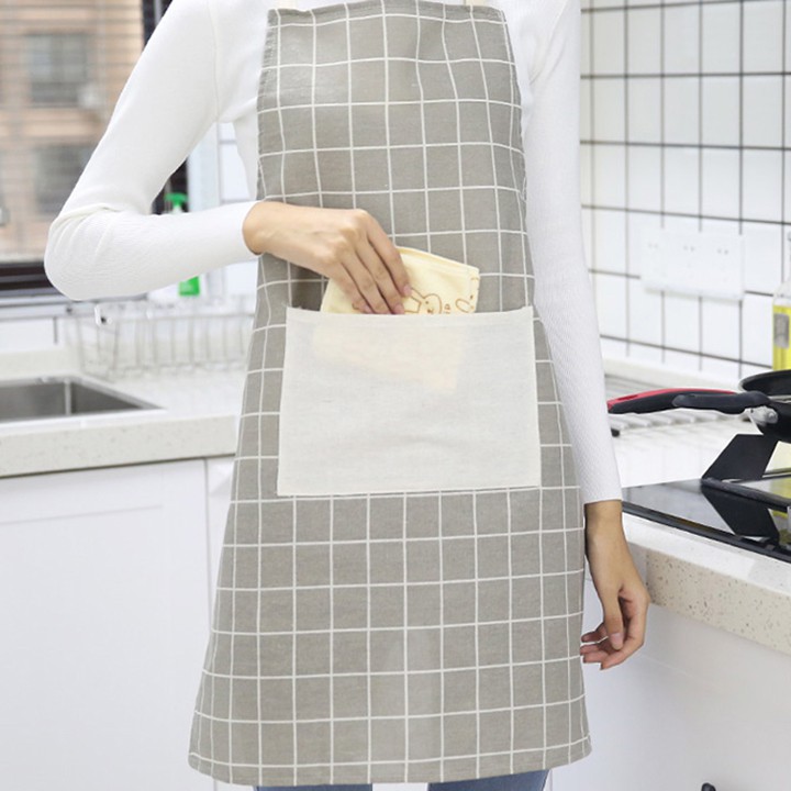 Tạp dề nấu bếp bằng vải họa tiết kẻ caro có túi đựng đồ (CA05) giadunghuylinh