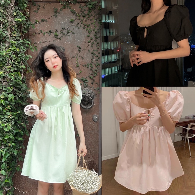 Minipie - Đầm Babydoll Tay Ngắn Nơ Ngực Màu Pastel