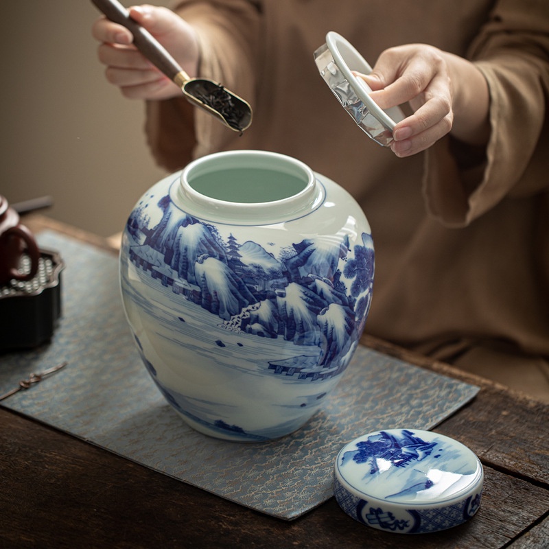 Hũ đựng trà nắp sứ 2 lớp - Sơn Thủy Trường Gian