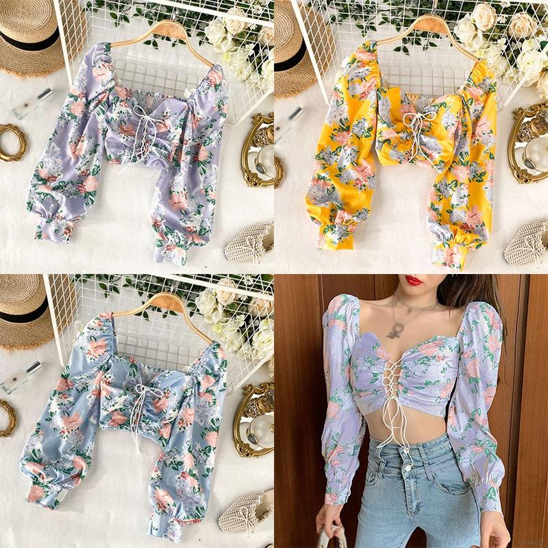 Áo Sơ Mi Lửng Tay Dài Rút Dây In Hoa Gợi Cảm Phong Cách Hàn Quốc Thời Trang Cho Phụ Nữ