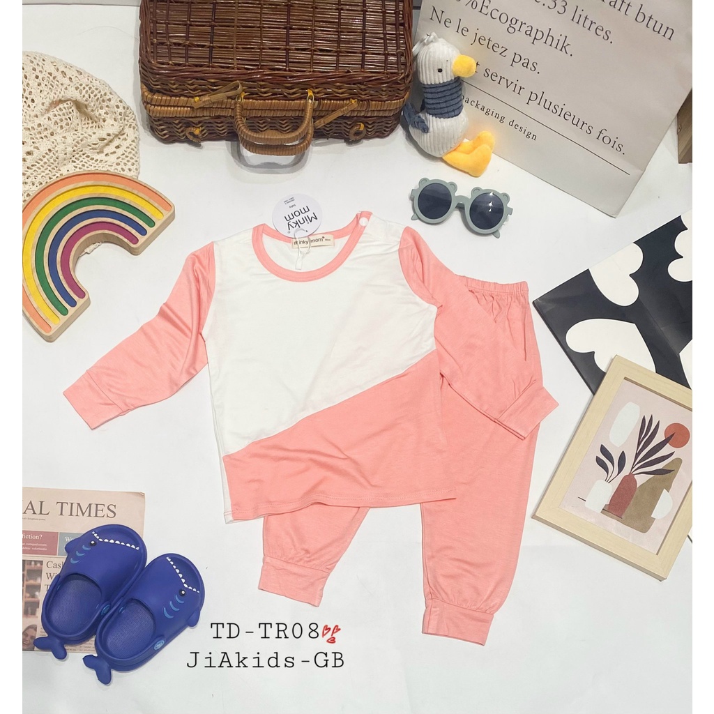 Bộ Dài Tay THUN LẠNH MINKY MOM Nút Vai Áo Phối Màu Thân Trắng Cho Bé TD-TR08