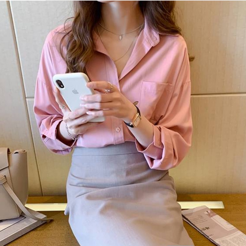 Linki ❃ Áo Sơ Mi Nữ Tay Dài Dáng Rộng Màu Trơn Thời Trang Thanh Lịch