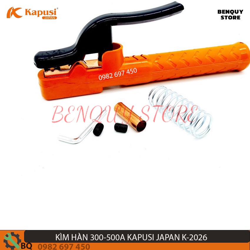 KÌM HÀN 300-500A KAPUSI JAPAN K-2026. ĐẦU KẸP QUE HÀN ĐƯỢC NHIỀU KIỂU: THẲNG, CHÉO, 90 ĐÔ. KÌM KẸP MAT 300-500. HÀN ĐIỆN