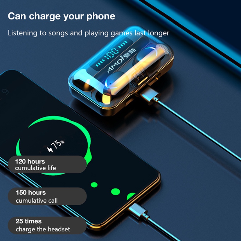 Tai nghe Bluetooth PHATTECH AMOI F9 TWS 5.0 không dây cảm ứng chống nước IPX5, chống ồn tích hợp sạc dự phòng 2500mAh.