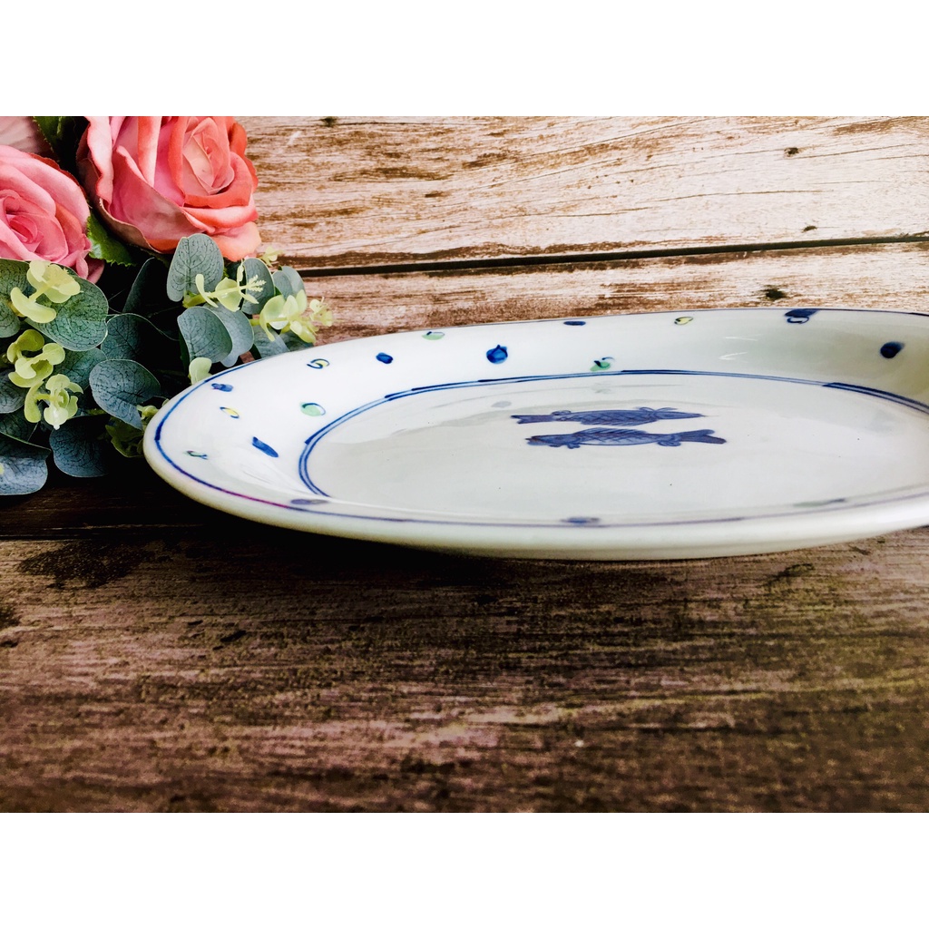 GỐM NHẬT - ĐĨA OVAN VẼ CÁ SIZE LỚN, SÂU LÒNG