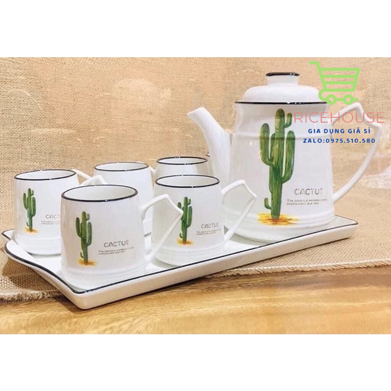 Sét 6 cốc, 1 ấm, 1 khay uống trà siêu đẹp-giao ngẫu nhiên